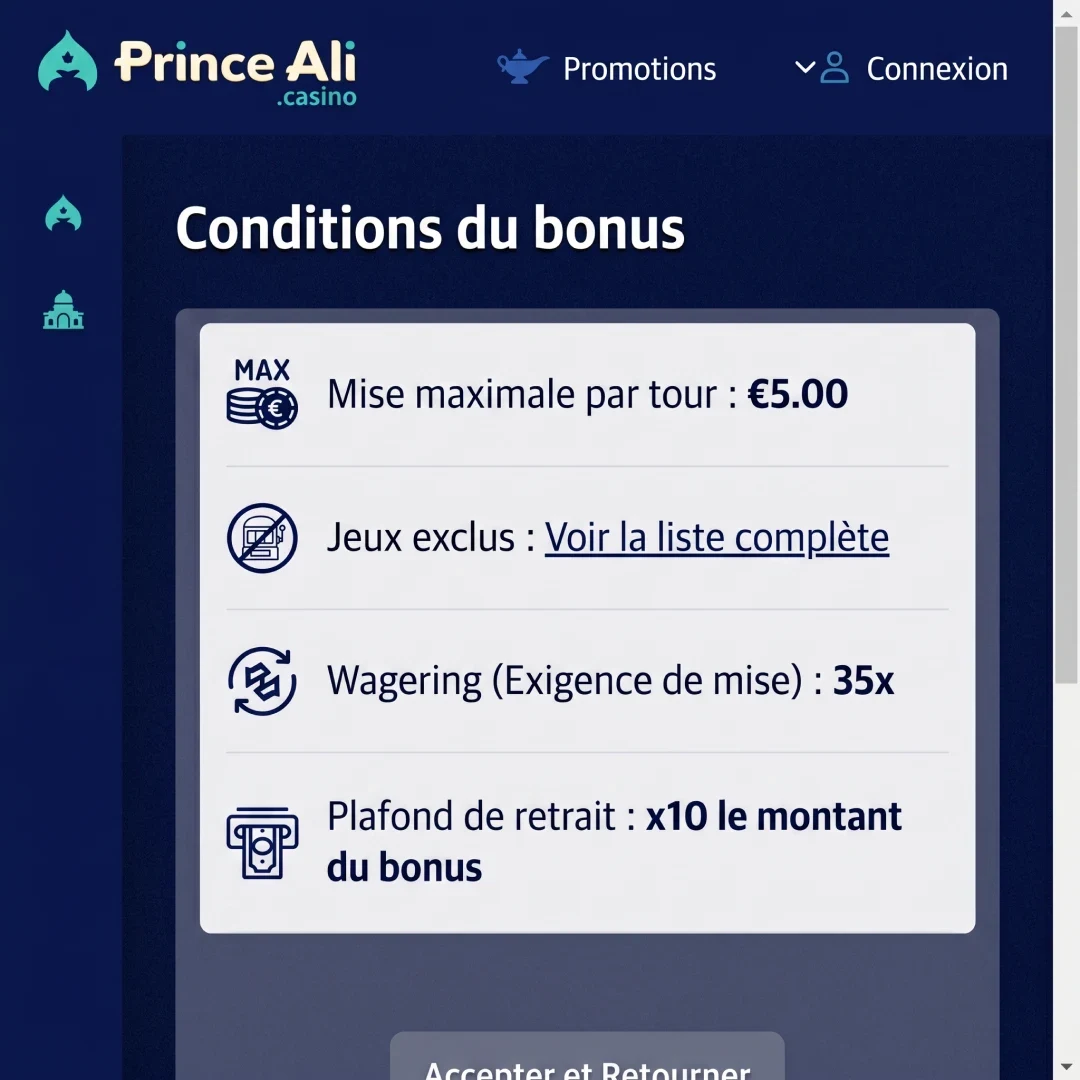 Conditions réelles du bonus sans depot 10 € - mise max, wagering, plafond