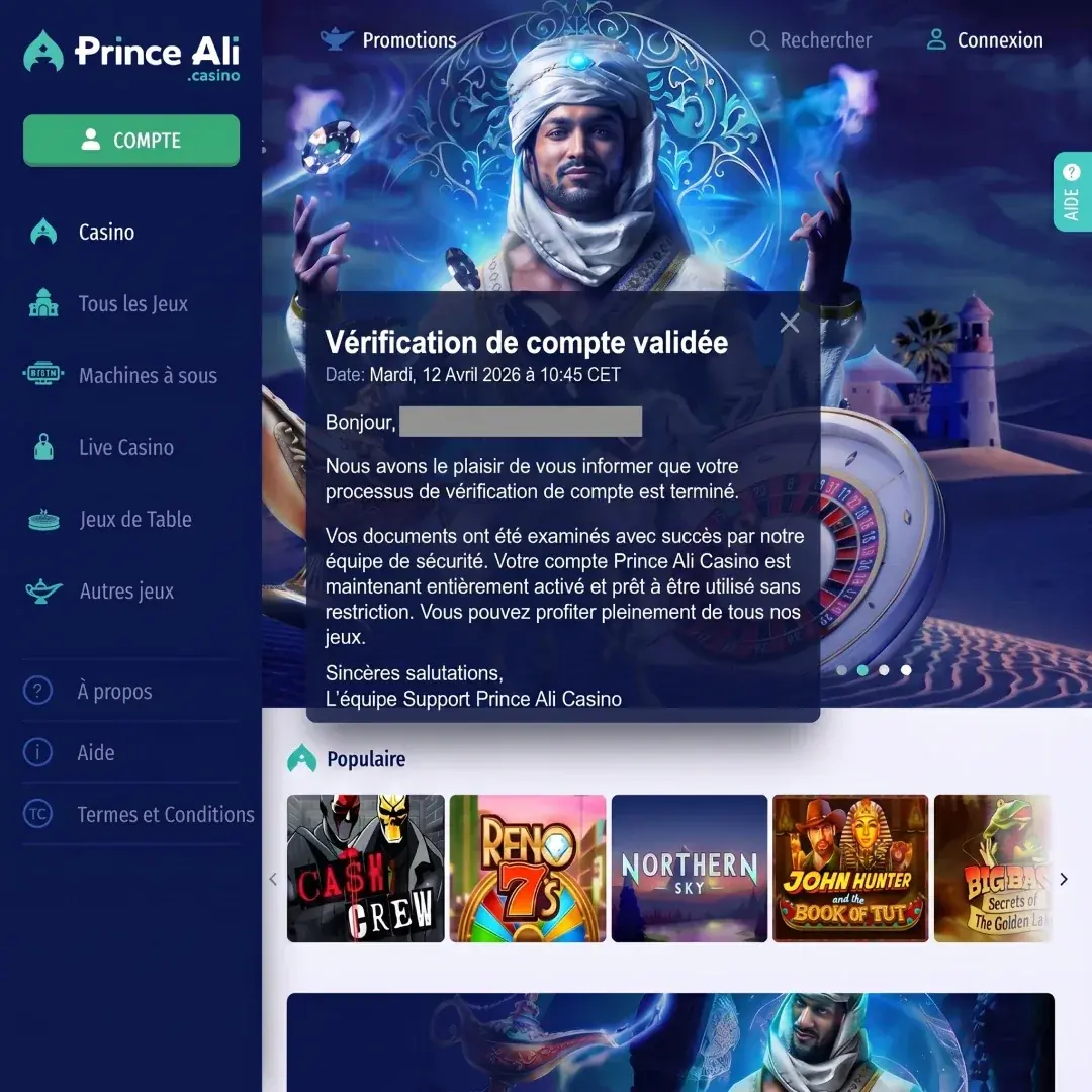 Email de validation KYC reçu en 52h lors du test Prince Ali d'avril 2026